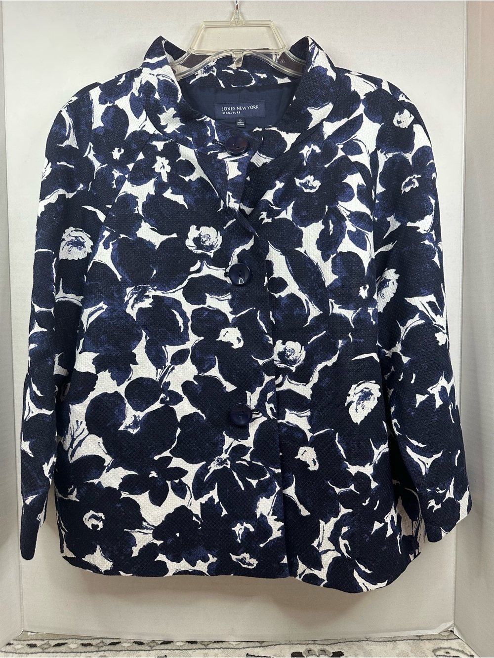 Jones New York Navy and White Floral-Print Blazer, size 12, NWOT